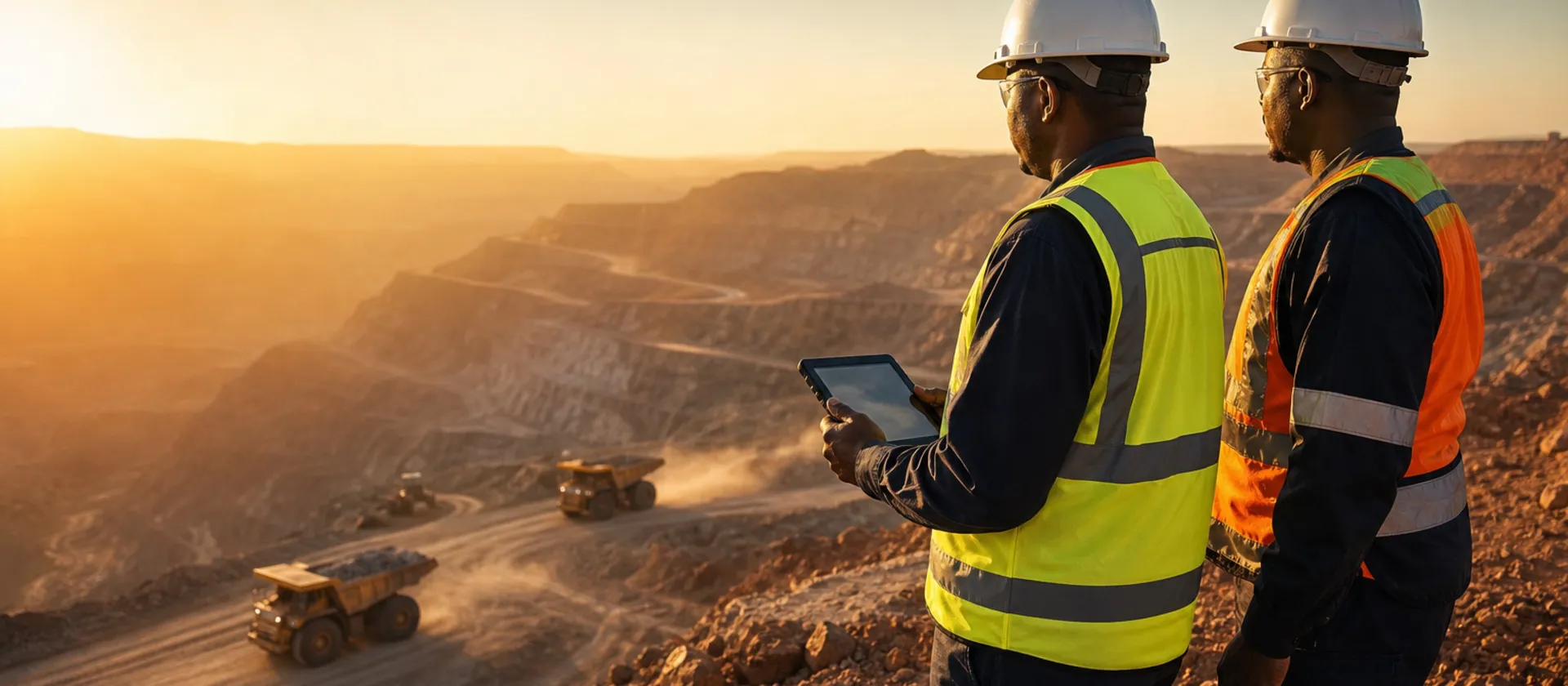 Two mining engineers overlooking an open-pit mine at golden hour